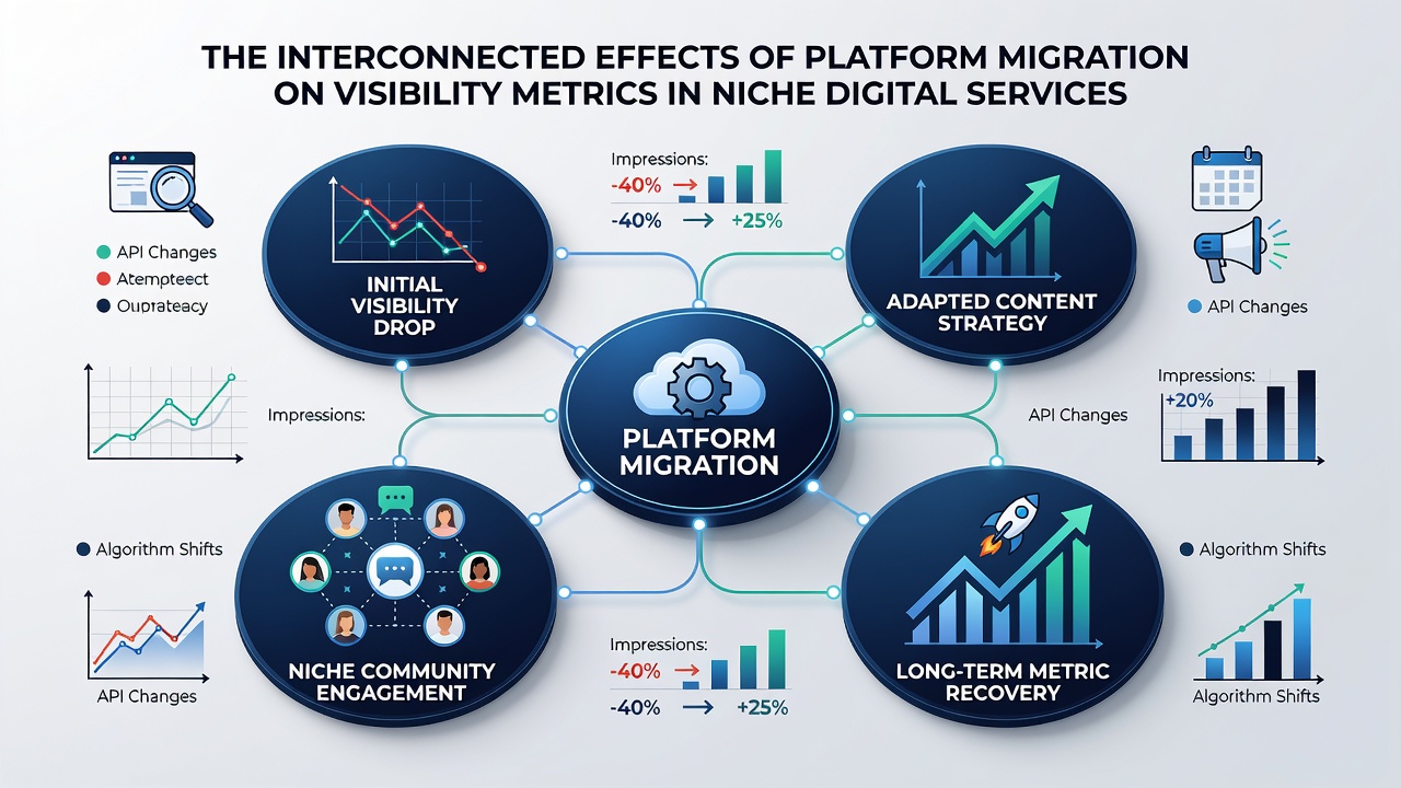 Chart displaying correlated changes in organic impressions, referral traffic, and engagement rates following service platform transitions